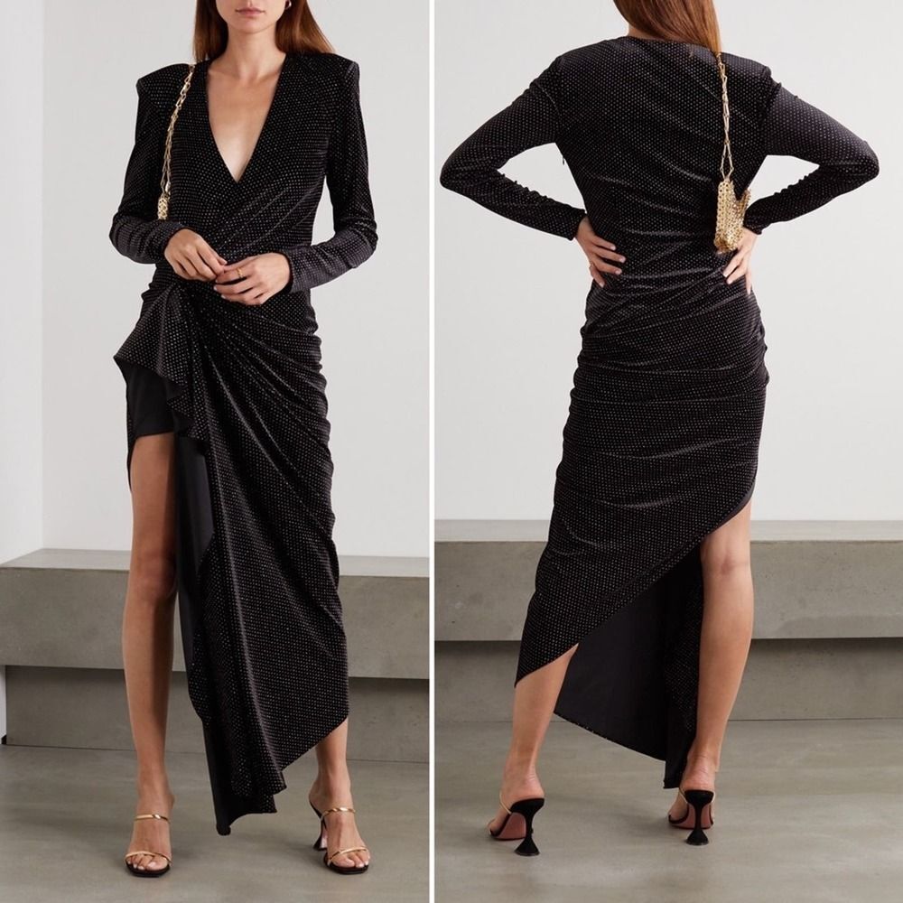 REDEMPTION Cindy Gathered Wrap Draped High Slit Velvet Glitter Dress Bla…
